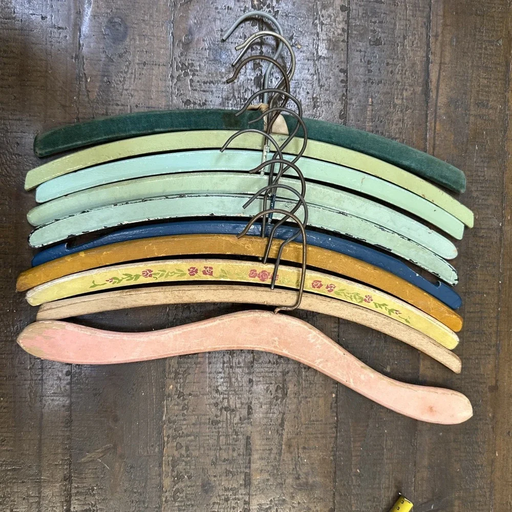 Vintage Painted Wooden Hangers Lot 12 Cottagecore Floral Velvet Shabby Chic